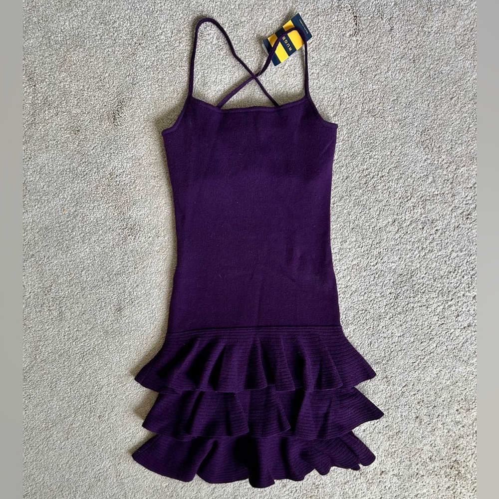 Aubergine knit ruffle drop waist dress